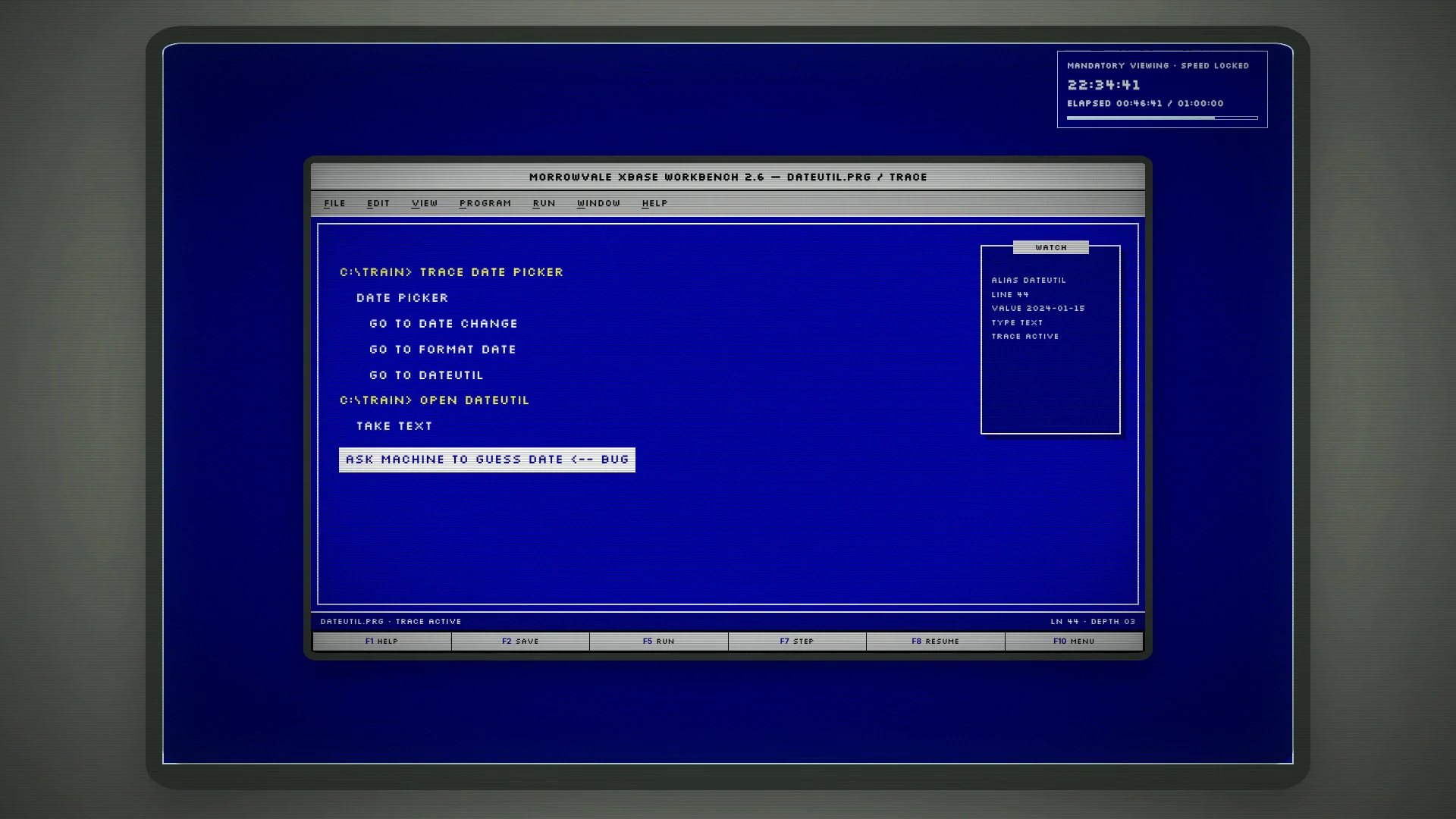 Episode one rendered through Jan’s period xBase training interface