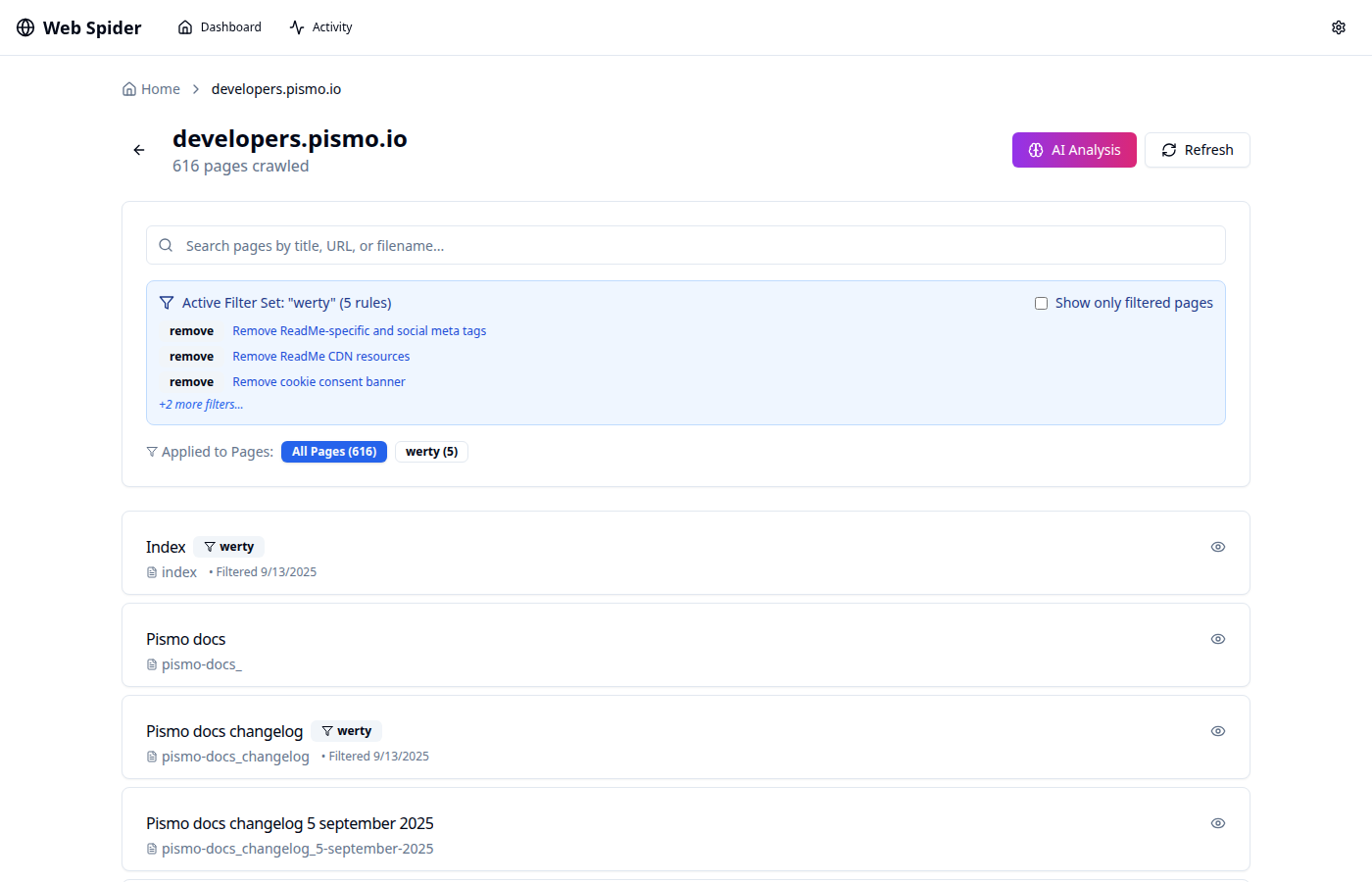 Domain view for developers.pismo.io — 616 pages crawled, with a five-rule filter set stripping meta tags, CDN resources and cookie banners